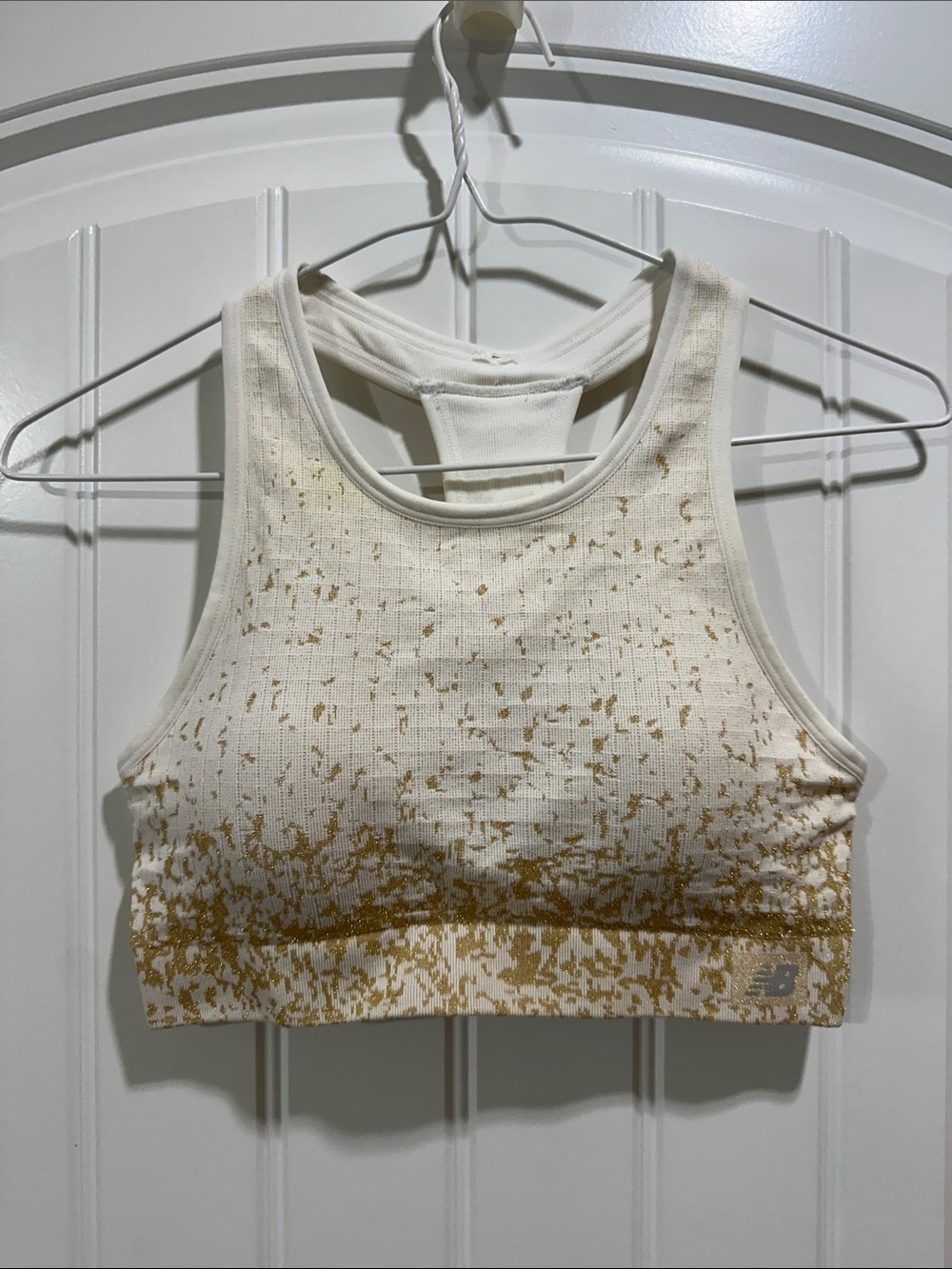 New Balance Cream & Gold Speckled Ribbed Racerback Crop Top/Sports Bra